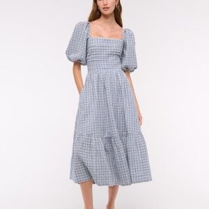 The A&F Emerson Linen-Blend Puff Sleeve Midi Dress Blue Plaid L